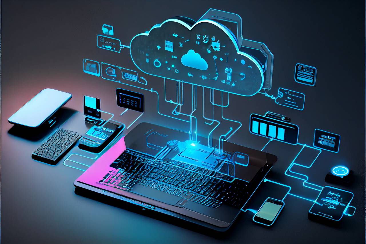 Graphic image which shows a high tech looking cloud over various electronic devices to illustrate how the technology cloud connects them all.